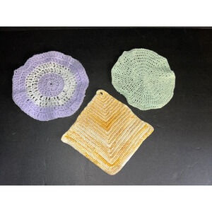 3 Hand Crocheted Doilies Potholders Pastel Colors @ 8" Vintage Cottage Core